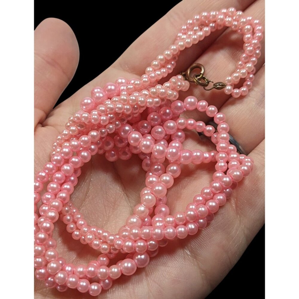 Coquette Pink Faux Pearl Triple Strand Twisted Necklace - Picture 3 of 6